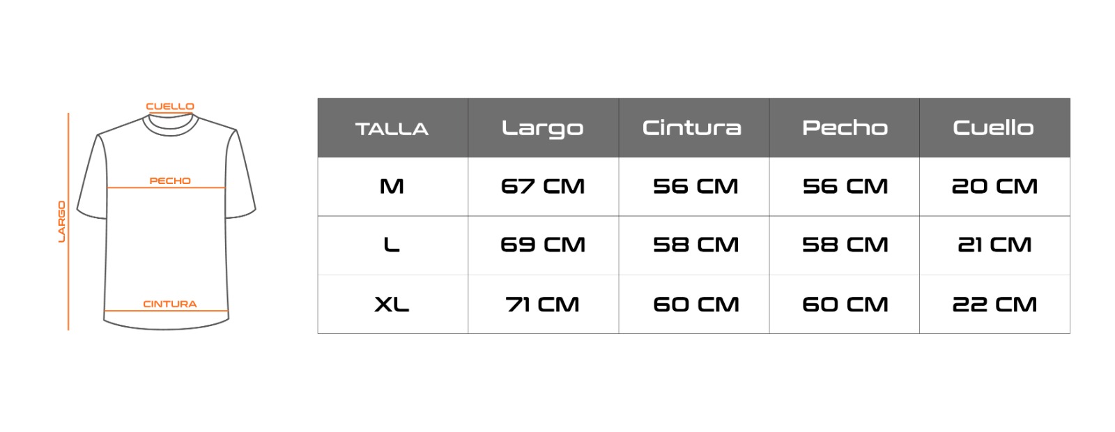 Guía de tallas para hombre con esquema de medición y medidas de las tallas M, L y XL