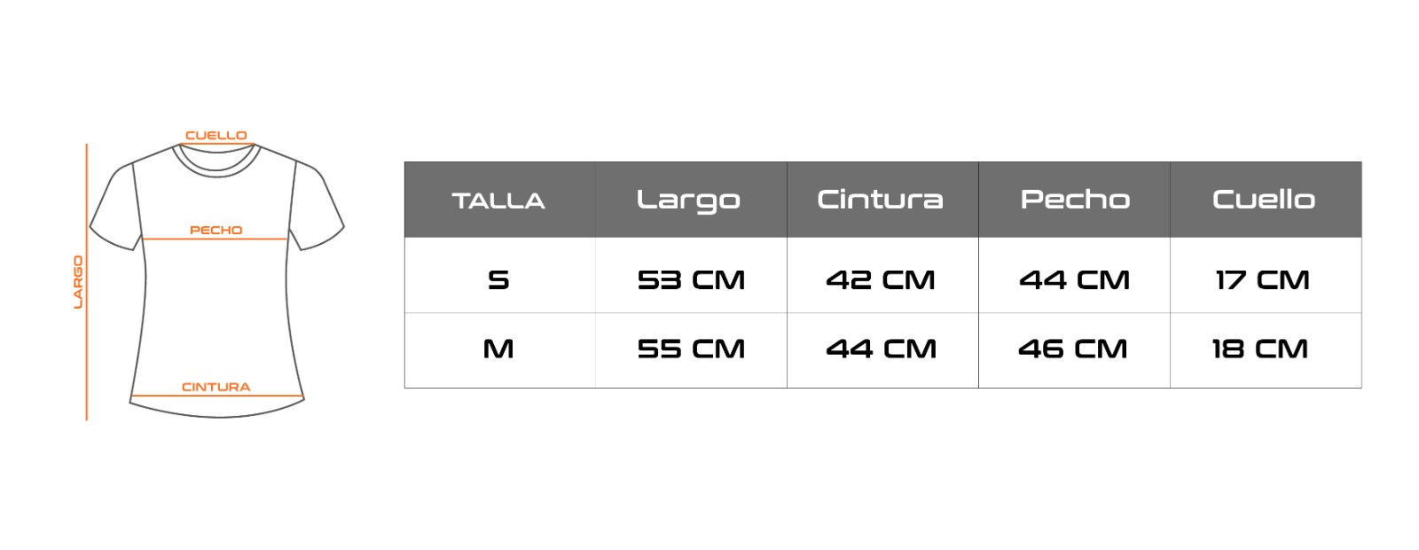Guía de tallas para mujer con esquema de medición y medidas de las tallas S y M